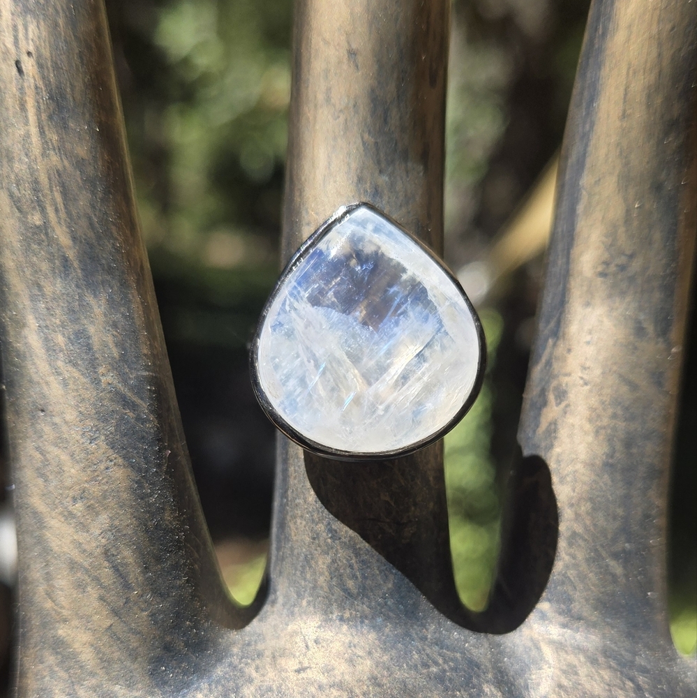 Moonstone Natural HUGE 24k Sterling & Rhodium Ring Sz8 - Picture 3 of 8